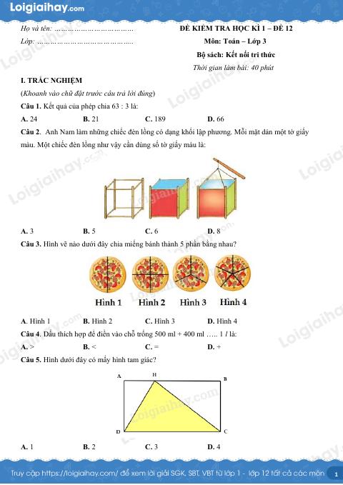 Đề kiểm tra học kì 1 Toán 3 Kết nối tri thức - Đề số 12